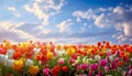 close-up view of colorful tulips in a field, bathed in the warm sunlight of a beautiful spring day. Royalty Free Stock Photo