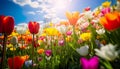 close-up view of colorful tulips in a field, bathed in the warm sunlight of a beautiful spring day.
