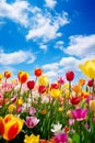 close-up view of colorful tulips in a field, bathed in the warm sunlight of a beautiful spring day. Royalty Free Stock Photo