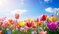 close-up view of colorful tulips in a field, bathed in the warm sunlight of a beautiful spring day.