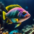 an underwater close up view of a beautiful colorful exotic fish,ai