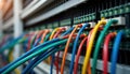 Close-up view of colorful wires connected to programmable logic controller. Installation maintenance work in progress. Industrial