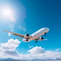 A close-up view of a commercial airplane flying gracefully against a backdrop of clear blue skies