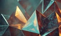 close-up view complex arrangement overlapping triangular shapes in shades orange, blue, and gray, with subtle