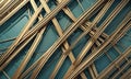 close-up view complex arrangement wooden sticks and beams, creating textured and layered visual effect. Royalty Free Stock Photo