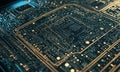close-up view complex circuit board, featuring intricate patterns gold and black components, with blue light