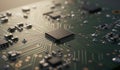 Close-up view of a complex circuit board showcasing intricate components and pathways in soft light Royalty Free Stock Photo