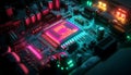 Glowing computer circuit board processor with neon lights Royalty Free Stock Photo