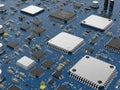 Close-up view of a complex electronic circuit board with multiple integrated circuits Royalty Free Stock Photo