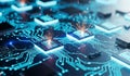 Futuristic glowing blue circuit board with illuminated microchips and energetic sparks Royalty Free Stock Photo