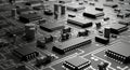 Close-up view of a complex printed circuit board with various electronic components and intricate circuitry Royalty Free Stock Photo