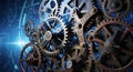 Intricate Steampunk Gears and Clockwork Mechanism with Blue Digital Background image photo Royalty Free Stock Photo