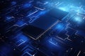 A close up view of a computer chip on a blue background. Suitable for technology-related projects and designs Royalty Free Stock Photo