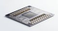 Close-up view of a computer chip with metallic sheen, gold pins, and checkered pattern on white background for technology concepts Royalty Free Stock Photo