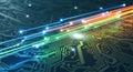 A close-up view of a computer circuit board with colorful glowing lines Royalty Free Stock Photo