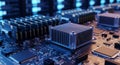 Close Up View of Computer Circuit Board Components Displaying Integrated Microchips and Processor Coolers with Blue Illumination Royalty Free Stock Photo