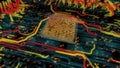 Close-up view of a computer circuit board displaying intricate patterns with vibrant colors in an abstract digital Royalty Free Stock Photo