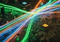 A close-up view of a computer circuit board featuring glowing, colorful lines representing data Royalty Free Stock Photo