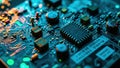 Close-up view of a computer circuit board featuring integrated chips and electronic components Royalty Free Stock Photo