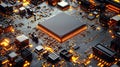 CloseUp View of a Computer Circuit Board with Glowing Elements and Microchip Technology Royalty Free Stock Photo