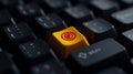 close-up view of a computer keyboard with a standout yellow button featuring a red target symbol in the center. AI Royalty Free Stock Photo