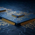 Close-up view of a computer microchip with intricate gold circuit patterns on a dark, Royalty Free Stock Photo
