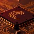 A close-up view of a computer microchip with intricate gold circuitry patterns on a Royalty Free Stock Photo