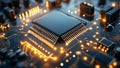 Close-up view of a computer microchip's intricate circuitry glowing with warm light