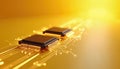 Close-up view of computer microchips on a golden background. Glowing circuits connect electronic components, illustrating data Royalty Free Stock Photo