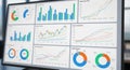 Multiple digital dashboards displaying financial data and charts on a computer screen Royalty Free Stock Photo