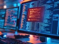 Computer Monitors Displaying Colorful Code and Data in Dark Room Royalty Free Stock Photo