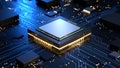 Close-up view of a computer processor on a circuit board with glowing components Royalty Free Stock Photo