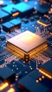 Close-up view of a computer processor and circuit board with glowing components Royalty Free Stock Photo