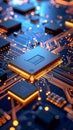 Close-up view of a computer processor and circuit board with glowing elements Royalty Free Stock Photo