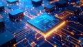Close-up view of a computer processor and circuit board with glowing lines Royalty Free Stock Photo