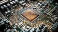 Close-up view of a computer processor on a circuit board in a tech lab. Generative AI Royalty Free Stock Photo