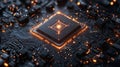 Close-Up View of Computer Processor on a Dark Circuit Board with Glowing Elements Royalty Free Stock Photo