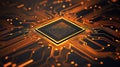 Close-up view of computer processor with intricate circuit patterns and glowing elements in vibrant orange hues