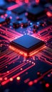 Close up view of a computer processor with red glowing circuits and details Royalty Free Stock Photo