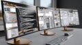 Close-up view of a computer screen showing lines of code with multiple blurred monitors in a workspace illuminated by blue light Royalty Free Stock Photo