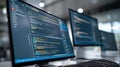 Close-up view of a computer screen showing lines of code with multiple blurred monitors in a workspace illuminated by blue light Royalty Free Stock Photo