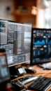Close-up view of a computer screen showing lines of code with multiple blurred monitors in a workspace illuminated by blue light Royalty Free Stock Photo