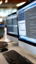 Close-up view of a computer screen showing lines of code with multiple blurred monitors in a workspace illuminated by blue light Royalty Free Stock Photo