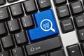 Conceptual keyboard - Search blue key with loupe and shopping cart symbols Royalty Free Stock Photo