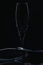 Close up view of  contour of a beautiful two  slim, tall and elegant champagne glasses isolated on a black background. Royalty Free Stock Photo