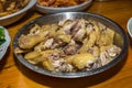 Close-Up View on Cooked Chicken. Southern Chinese Festivity Rural Food on Bowls and Plates at a Wooden Table
