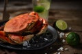Close-up view of cooked crab on black round plate with ice cube. The glass with mojito, lime, seashells and mint are on the table Royalty Free Stock Photo