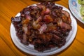 Close-Up View on Cooked Pork. Southern Chinese Festivity Rural Food on Bowls and Plates at a Wooden Table