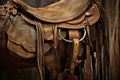 Close-up view of cowboy riding gear, emphasizing a seasoned saddle, lariat, and the enduring charm of leather chaps