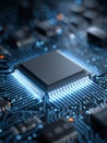 close up view of CPU processor on circuit board, showcasing intricate details and glowing elements. image highlights technology Royalty Free Stock Photo